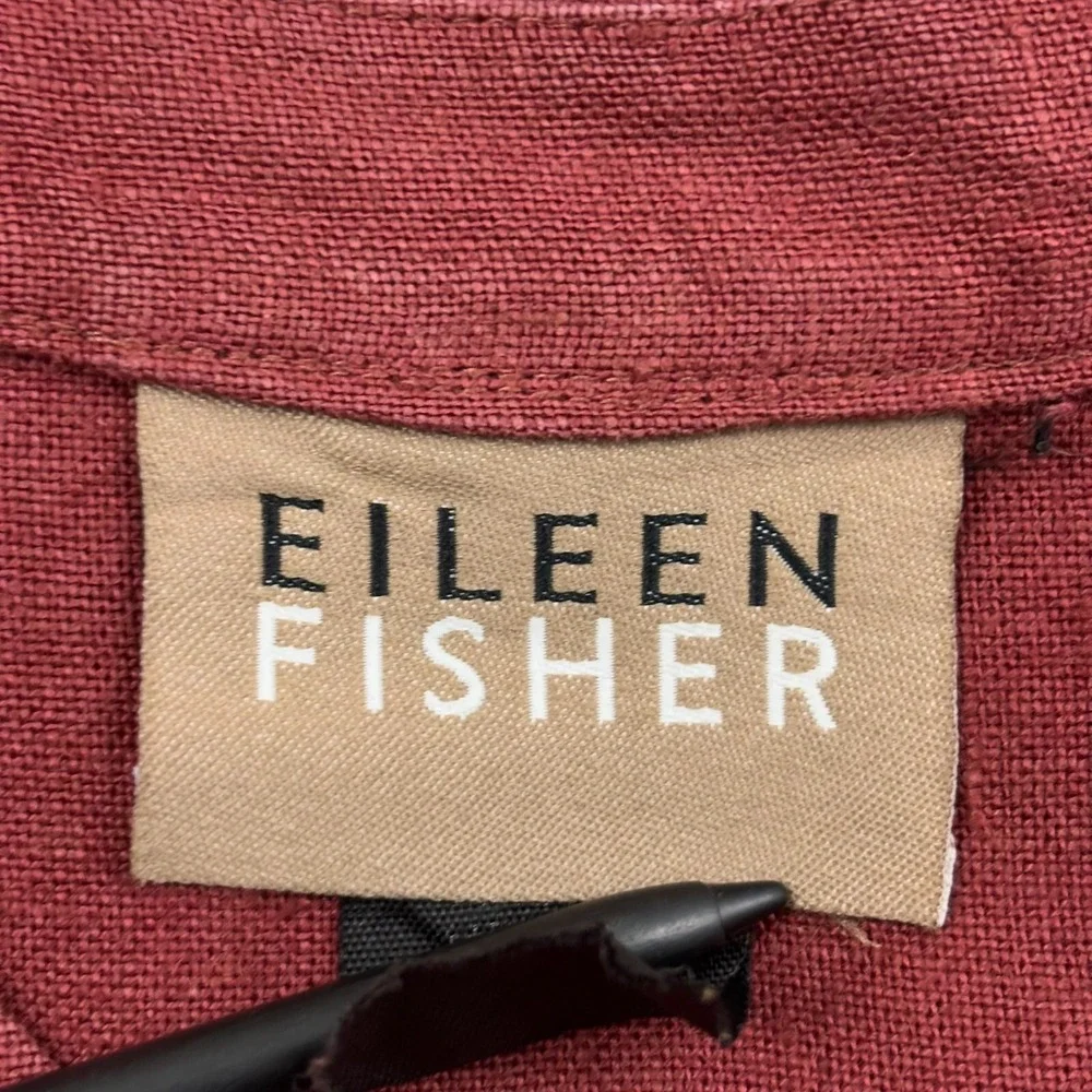 VTG Eileen Fisher Irish Linen Stand Collar Mandarin Shirt Womens‎ S Burnt Red